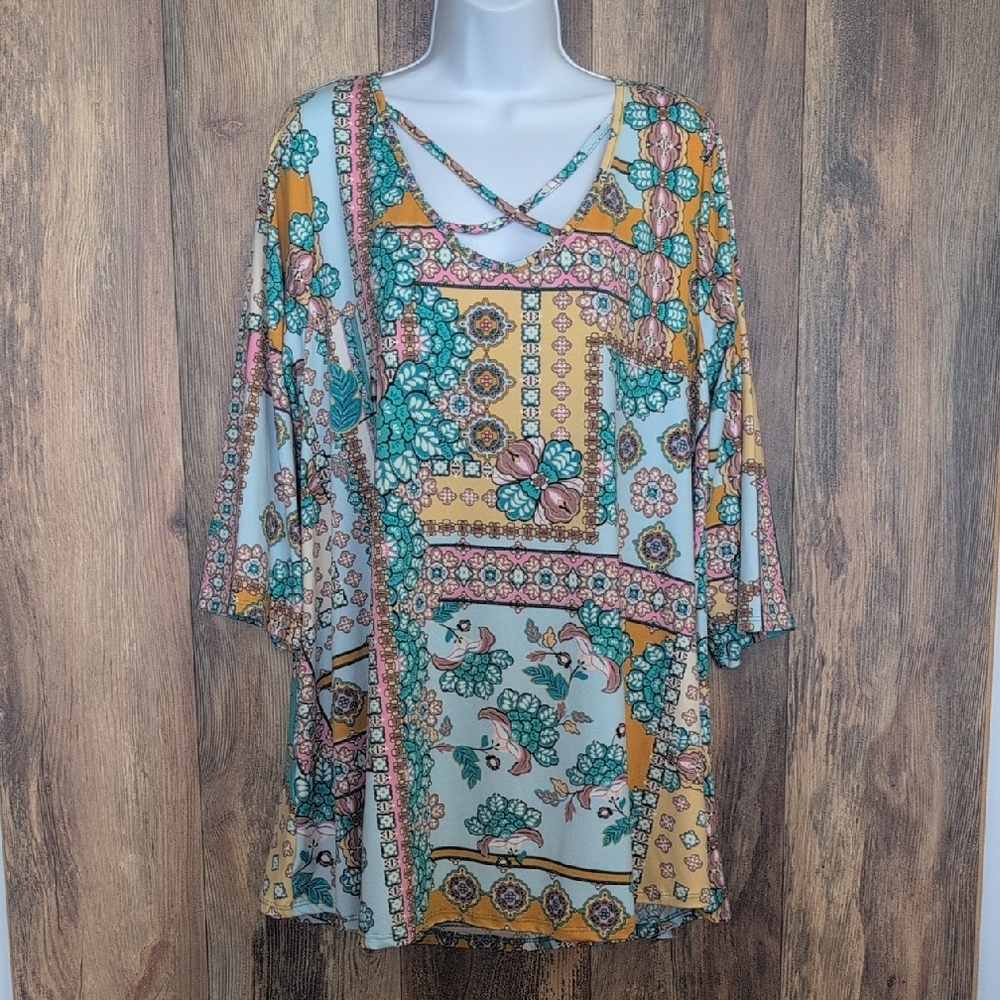 Voll Boho Floral Patchwork Tunic Blouse 1XL                  D272